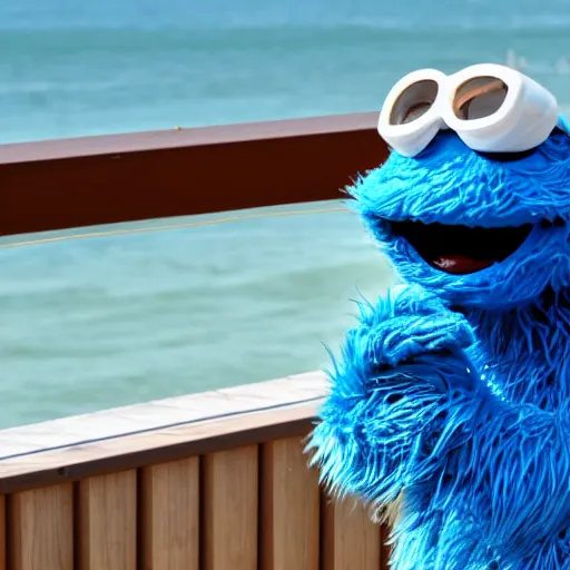 Prompt: Cookie Monster wearing sunglasses while standing on the deck of his beach house, Sigma 500mm f/5