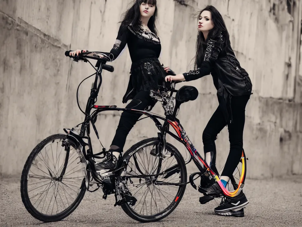 Image similar to full - length photo, young woman, leaning on a bike, gothic clothes, adidas shoes, 4 k, colourful