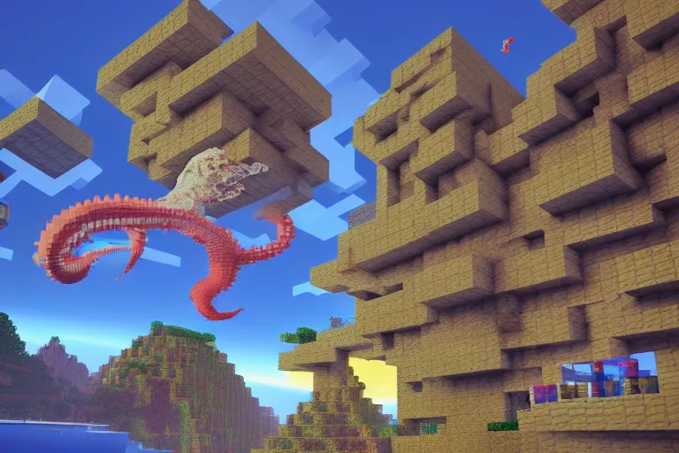 Image similar to giant squids battling in the sky, minecraft, 3 d render cinestill, highly detailed, 4 k