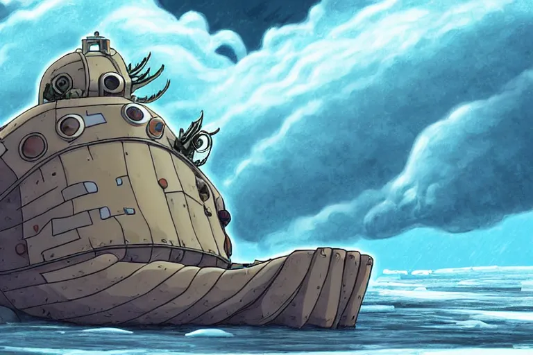 Prompt: cell shaded cartoon of a giant lovecraftian mechanized grey seal from howl's moving castle ( 2 0 0 4 ), in an icy river, full body, wide shot, very muted colors, post grunge, studio ghibli, highly detailed, deviantart, art by artgem