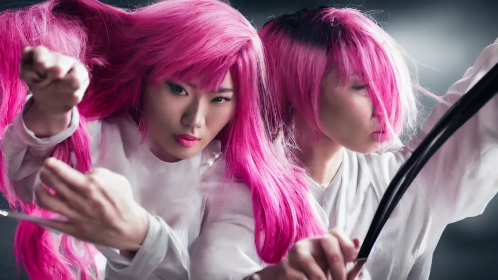 Prompt: person with pink hair and a knife fighting an asian person with chopsticks, cinematic, 4 k