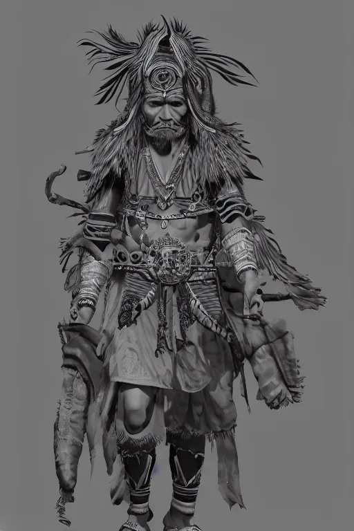 Image similar to 8K detailed illustration of a wise old shaman from the an ancient civilization indonesian in the style of Yoji Shinkawa, high resolution