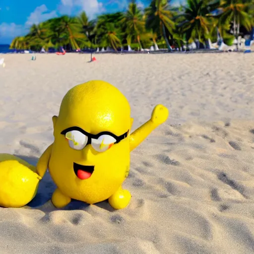 Prompt: happy lemon animated character enjoying relaxing sunny beach