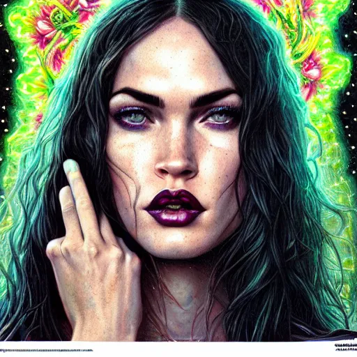 Prompt: portrait of megan fox, hyper detailed masterpiece, neon floral pattern, jean giraud, digital art painting, darkwave goth aesthetic, psychedelic, artgerm, donato giancola and tom bagshaw