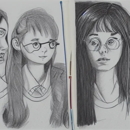 Prompt: sketchbook page with concept illustration of the three main characters in a book about girls who run for the schools election, 8k, scan, pencil, detailed