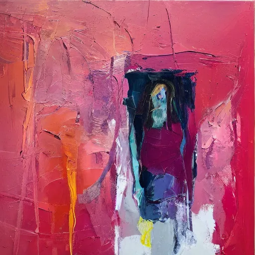 Image similar to _ in _ these _ paintings _ we _ see _ a _ woman _ who _ seem _ to _ be _ walking _ in _ circles in an empty void space, 4 k, in the style of ben quilty, hyper realism, minimal pink palette, medium shot, oil paint with thick brushstrokes of paint, impasto, detailed,