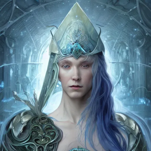 Image similar to an epic concept art of a handsome snow elf in a turquoise cape and silver armour, armed with a bow, albino skin, winter vibes, elegant, very coherent symmetrical artwork, by tomasz alen kopera and alphonse mucha and charlie bowater, photorealistic, sharp focus, octane render, rtx, hdr, unreal 5, trending on artstation