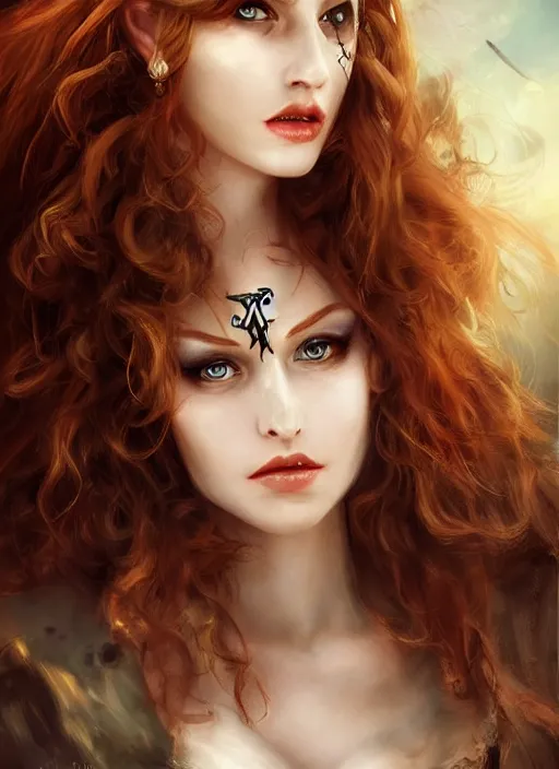 Image similar to a beautiful woman pirate clothes, 8 k, sensual, hyperrealistic, hyperdetailed, beautiful face, long ginger hair windy, dark fantasy, fantasy portrait by laura sava