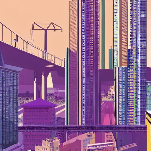 Image similar to retrowave by richard mcguire, by tiago haseltine churning. a mixed mediart of a cityscape. the mixed mediart shows a view from an elevated train line of the city below.