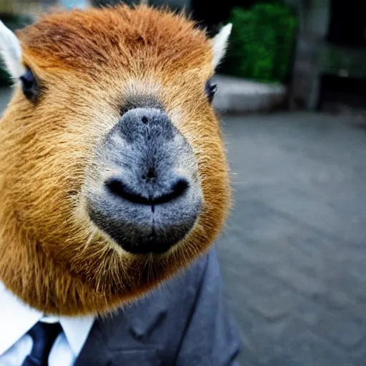 Image similar to an antropomorphic capybara wearing a suit smoking a cigar
