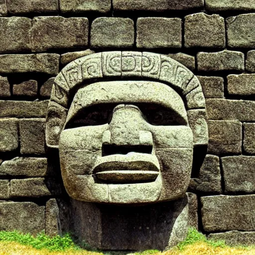 Image similar to imposing olmec head carved into a mossy stone wall with ornate incan patterns, pixelated screenshot from 1990s adventure video game in MS-DOS