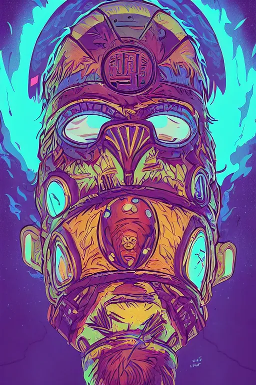 Image similar to totem animal tribal chaman vodoo mask feather gemstone plant wood rock video game illustration vivid color borderlands by josan gonzales and dan mumford radiating a glowing aura