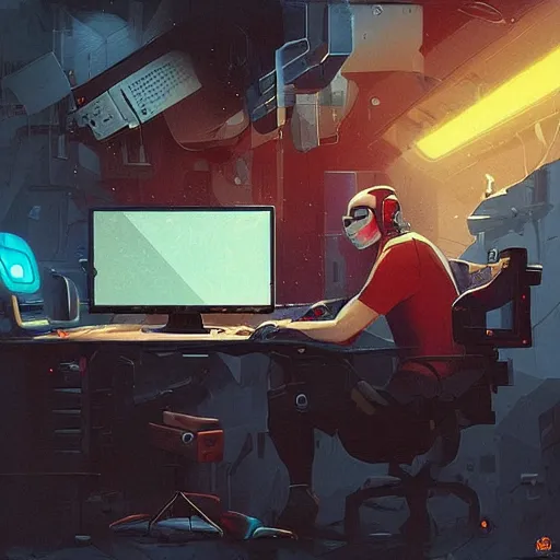 Image similar to a man sitting at a computer in a messy cluttered room, cyberpunk art by Victor Mosquera, Anton Fadeev, omineAdrian theCHAMBA, behance contest winner, pixiv contest winner, tumblr contest winner, panfuturism, deconstructivism, parallax, https://i.ibb.co/Wz2Fw91/sebastian-szmyd-vhs-cyberpunk-2.jpg