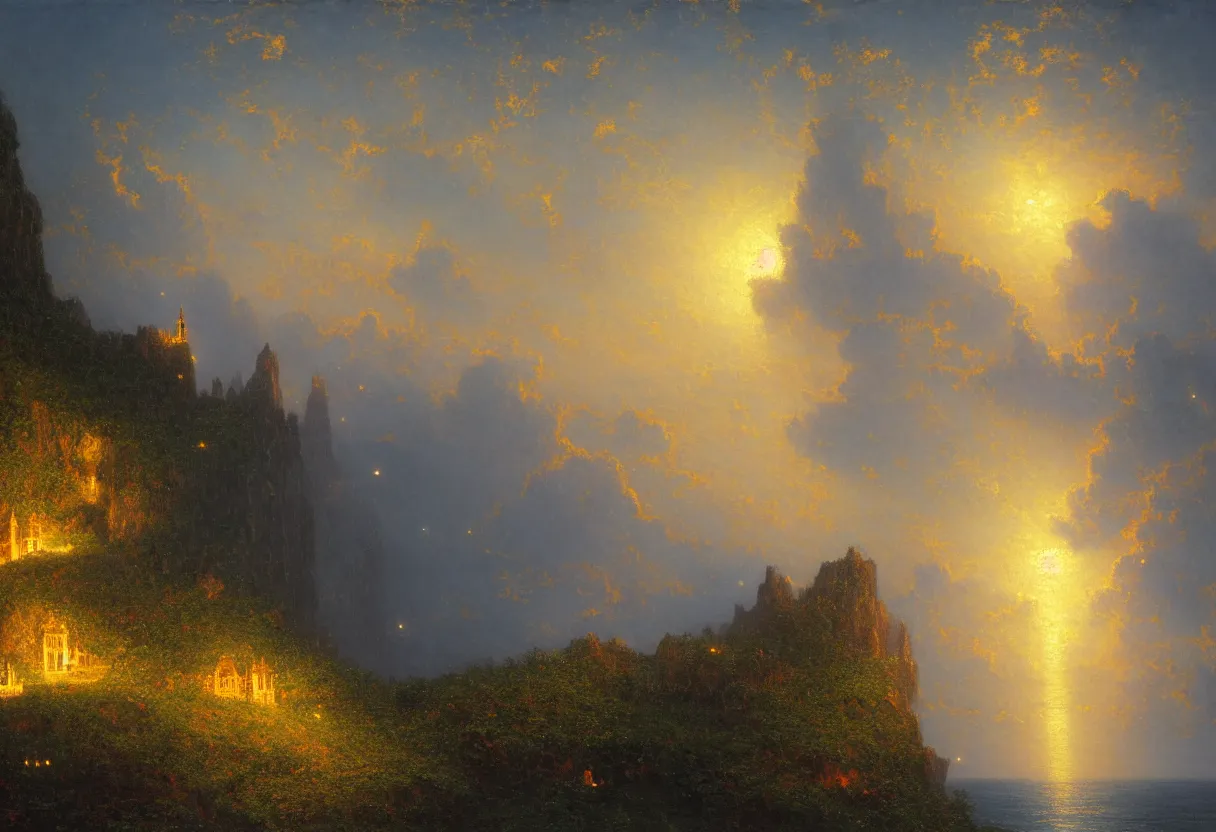 Image similar to a beautiful ultradetailed painting of a single gilded cathedral at the edge of a cliff next to a deep blue sea illuminated by orange fireflies, albert bierstadt, makoto shinkai, 8 k, light effects, trending on artstation