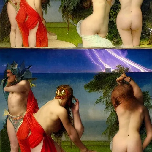 Image similar to The party at the palace, refracted sparkles, thunderstorm, greek pool, beach and Tropical vegetation on the background major arcana sky, by paul delaroche, alphonse mucha and arnold böcklin, hyperrealistic 8k, award-winning, very very very detailed