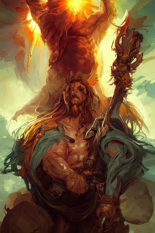 Image similar to clear portrait hulking herculean barbarian jesus christ, model pose, bright color, sun shining through, sharp focus, highly detailed face, specular reflection, art by anato finnstark and lecouffe deharme and pete mohrbacher and quentin mabille and frank moth, fantasy illustrations, epic light novel cover art