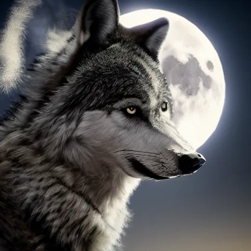 Prompt: a howling wolf made of black smoke contrasting with a full moon, cinematic lighting, 8 k, fantasy