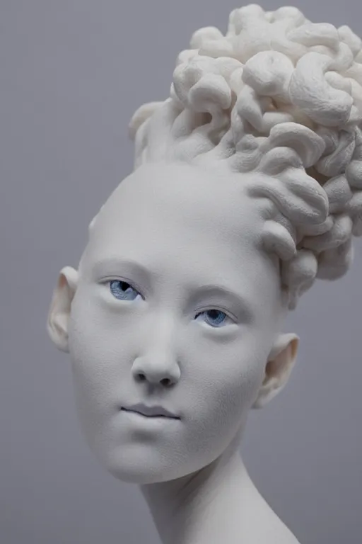 Prompt: full head and shoulders, beautiful female porcelain sculpture by daniel arsham and raoul marks, smooth, all white features on a white background, delicate facial features, white eyes, white lashes, detailed white, lots of real blue hair in a winding hairstyle on the head