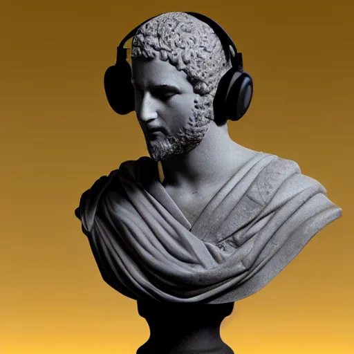 Prompt: roman bust wearing headphones!!!, vaporwave!!!