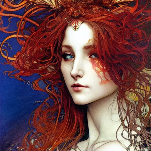 Prompt: realistic detailed face portrait of an otherworldly Phoenix Goddess with fiery feathers in her hair by Alphonse Mucha, Ayami Kojima, Amano, Charlie Bowater, Karol Bak, Greg Hildebrandt, Jean Delville, and Mark Brooks, Art Nouveau, Neo-Gothic, gothic, rich deep moody colors