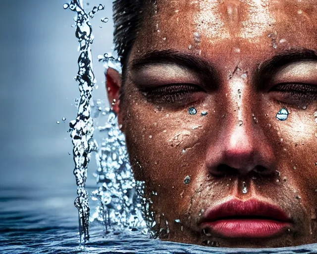 Image similar to water art manipulation of a realistic human head coming out of the ground, surreal, hyper realistic, ray tracing, realistic water, sharp focus, 8 k resolution, cinematic