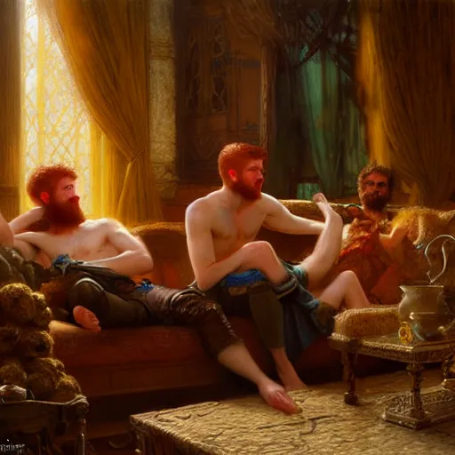 Image similar to attractive male mike with ginger hair with attractive male tyler with brunet hair, drinking their hearts out, in their noble mansion. highly defined painting, highly detailed painting by gaston bussiere, craig mullins 8 k