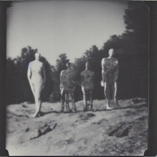 Image similar to polaroid photograph of horrorific extraterrestrial beings visiting earth, 1 9 5 0