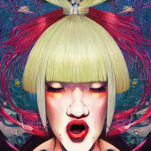 Image similar to portrait of crazy screaming beautiful singer sia kate isobelle furler, big ribbon, ymmetrical, by yoichi hatakenaka, masamune shirow, josan gonzales and dan mumford, ayami kojima, takato yamamoto, barclay shaw, karol bak, yukito kishiro