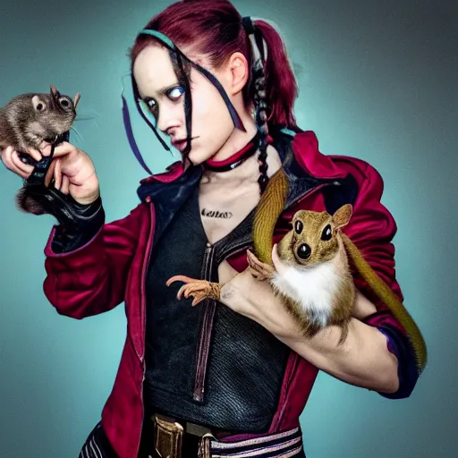 Image similar to ratcatcher 2 from the suicide squad, holding a cute rat in her hands, photo taken on a nikon, very detailed, 4k