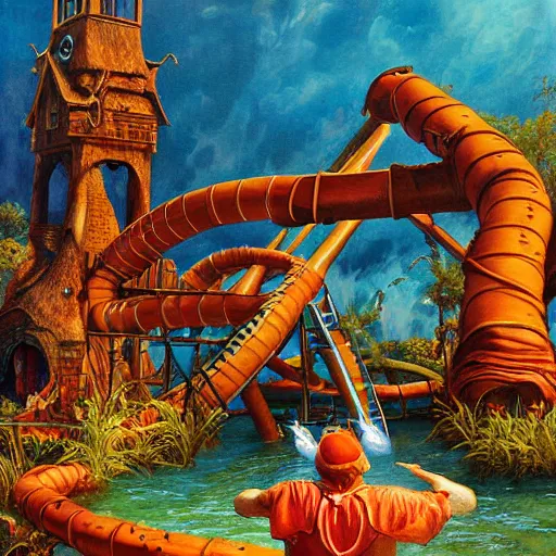 Prompt: giant cheeseburger waterpark painting by brain froud, charles vess, cinematic lighting, epic composition, highly detailed