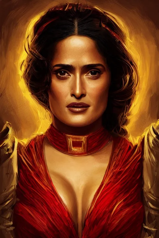 Image similar to portrait, Salma Hayek , Fantasy Queen , wearing a red and gold dress , face portrait, raphael lacoste, eddie mendoza, alex ross, concept art, matte painting, highly detailed, rule of thirds, dynamic lighting, cinematic, detailed, denoised, centred