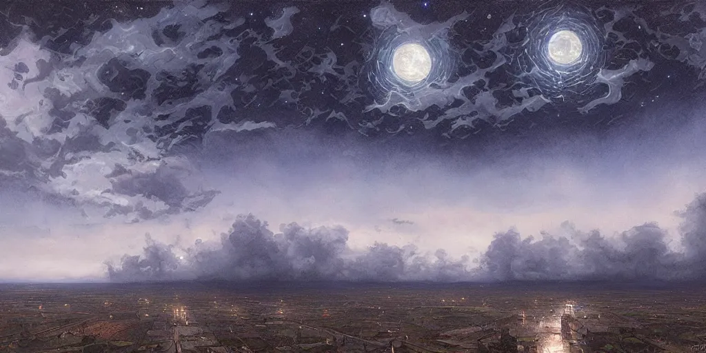 Image similar to the cloudy moonlit sky, landscape art by donato giancola and greg rutkowski, digital art, trending on artstation, symmetry!!, volumetric lighting, hdr, starry night