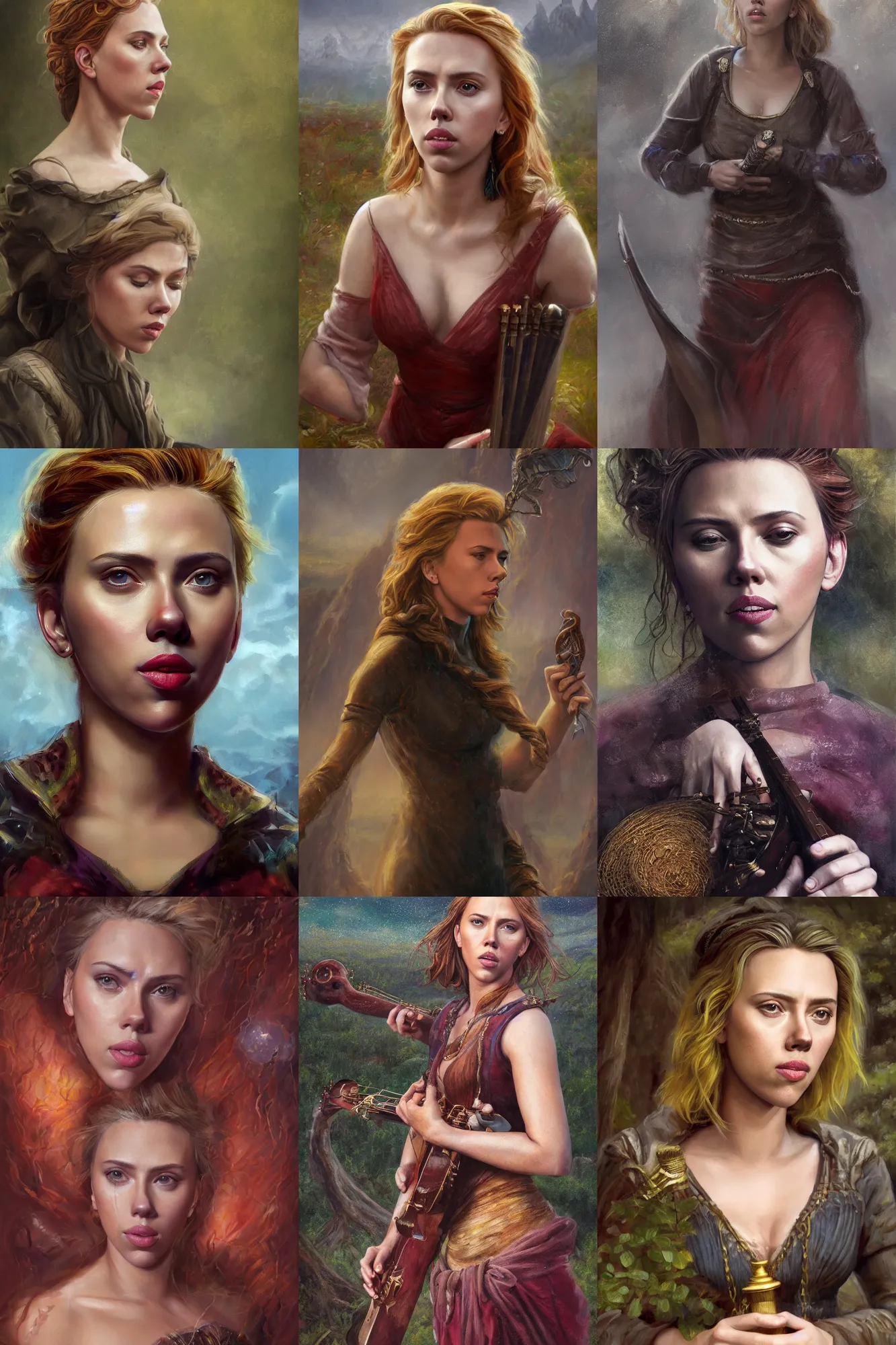 Prompt: a full body high detail fantasy portrait oil painting illustration of scarlett johansson as a beautiful sophisticated singing bard woman by justin sweet with face and body clearly visible, in a scenic background, pupils visible, realistic proportions, d & d, rpg, forgotten realms, artstation trending, high quality, sombre mood, artstation trending, muted colours, entire person visible!