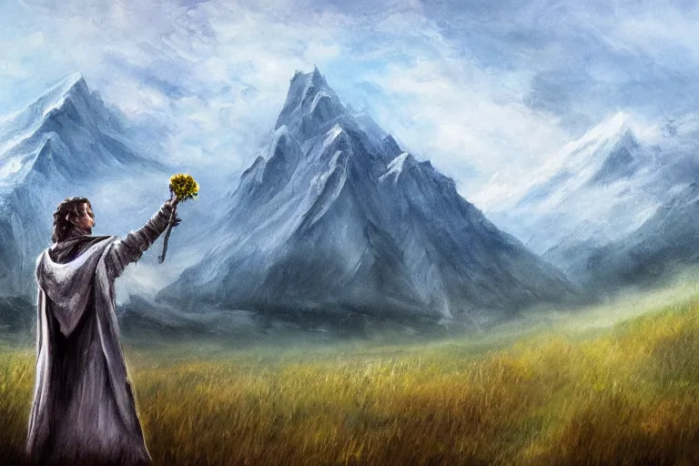 Prompt: concept art, mood painting, environment painting, rohan man holding white flower looking at flower large field autumn october snow capped mountains in background lord of the rings lotr. style of, ryan church, jon mccoy, george hull, painting