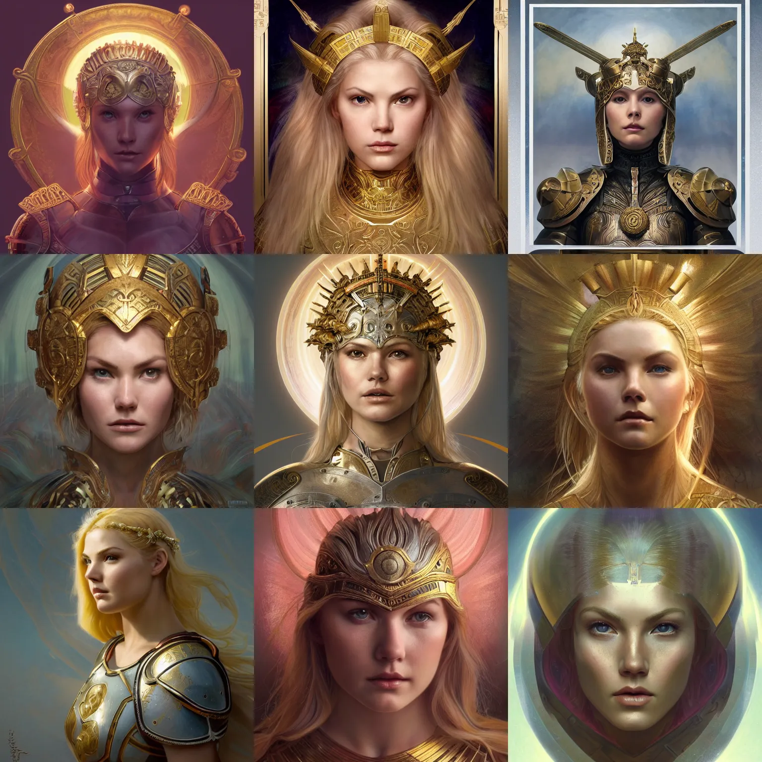 Prompt: masterpiece head-on symmetrical centered painted portrait, Elisha Cuthbert as a warrior paladin, blonde hair, golden halo, saintly, glorious light, sacred geometry, wearing full metal armour, elegant, distant, in the style of Edgar Maxence and Ross Tran and Zdzisław Beksiński and Michael Whelan and Mucha, 8k, octane render