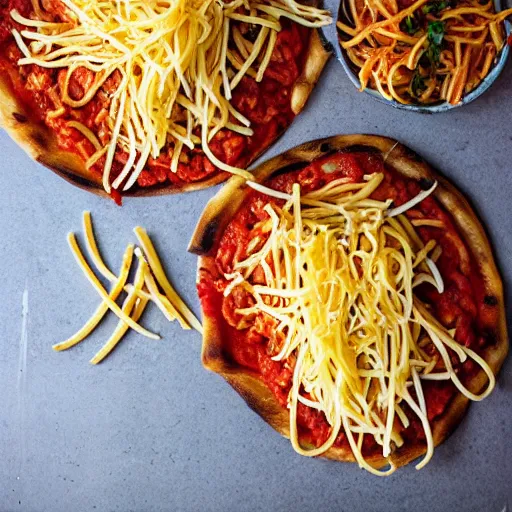 Prompt: French Fries and Spaghetti on Pizza. Shoestring-Fries on top