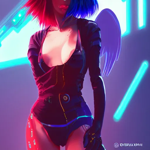 Image similar to colored pencil, anime cyberpunk art, beautiful full body female cyborg - angel, red to blue to purple fade, glowing red left eye and glowing blue right eye, advanced digital cyberpunk art, wlop, rossdraws sakimimichan, ilya kuvshinov, krenz cushart, greg rutkowski - c 1 7