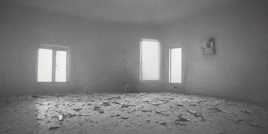 Image similar to interior of a house built on nothing, eerie vibe, leica, 2 4 mm lens, cinematic screenshot from the 2 0 0 1 surrealist film directed by charlie kaufman, kodak color film stock, f / 2 2, 2 4 mm wide angle anamorphic