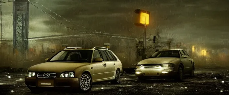 Image similar to Audi A4 B6 Avant (2002), a gritty neo-noir, dramatic lighting, cinematic, eerie person, death, homicide, homicide in the snow, gunshots, establishing shot, extremely high detail, photorealistic, cinematic lighting, artstation, by simon stalenhag, Max Payne (PC) (2001) winter New York at night, In the style of Max Payne 1 graphic novel, flashing lights, Poets of the Fall - Late Goodbye