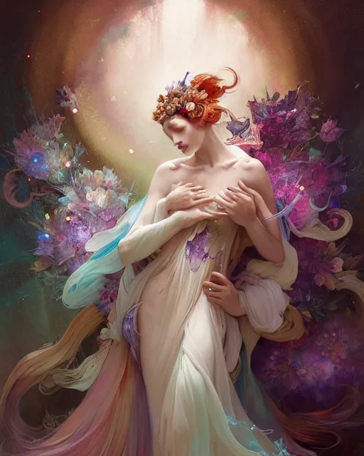 Image similar to Full View ultrarealistic Portrait ethereal fantasy deity wearing beautiful gown, flowers, spirituality, 4k digital masterpiece by Anna Dittman and Alberto Seveso Ruan Jia, rossdraws, artgerm and greg rutkowski and alphonse mucha and loish and WLOP, fantasycore, Hyperdetailed, realistic digital painting, atmospheric, fireflies, soft lighting, featured on Artstation