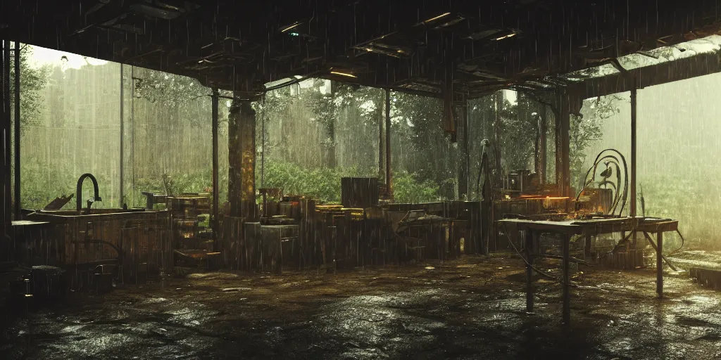 Prompt: blacksmith stall, cyberpunk, rain, in a forest, octane render