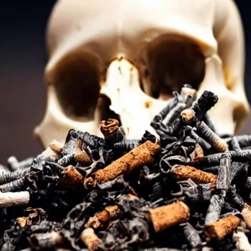 Prompt: close up top of human skull is missing and cigarette butts are inside, dark blurry background