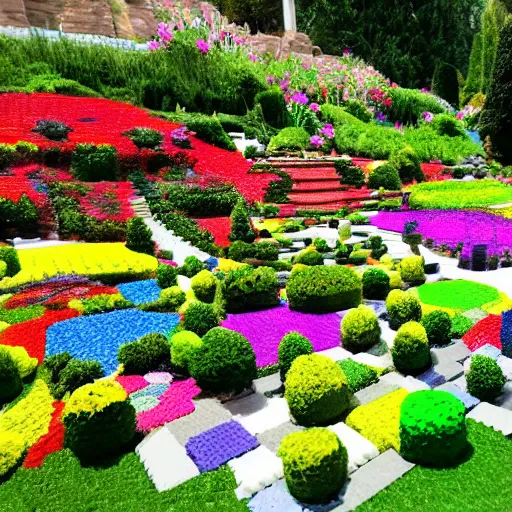 Image similar to a gorgeous garden on the edge of a cliff filled with beautiful flowers of all colors and from all around the world, fully in lego bricks