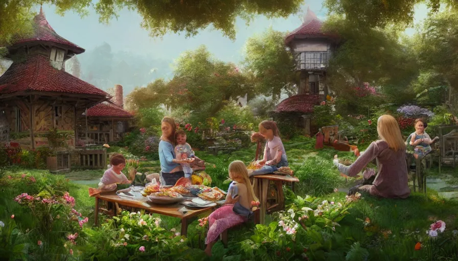 Prompt: Family having lunch in a flowered garden of a charming wooden house with a tower, hyperdetailed, artstation, cgsociety, 8k