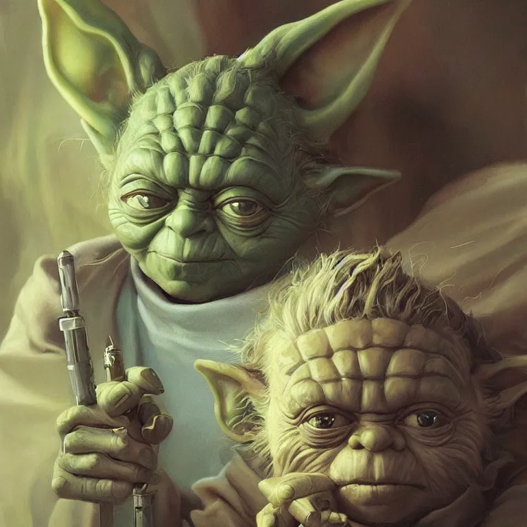 Image similar to fine art painting of Yoda on a bad drug trip, drugs and alcohol littered everywhere, dizzy, trippy, artstation, cgsociety, very detailed, intricate, detailed illustration, by artgerm and greg rutkowski and alphonse mucha, sharp, smooth, masterpiece