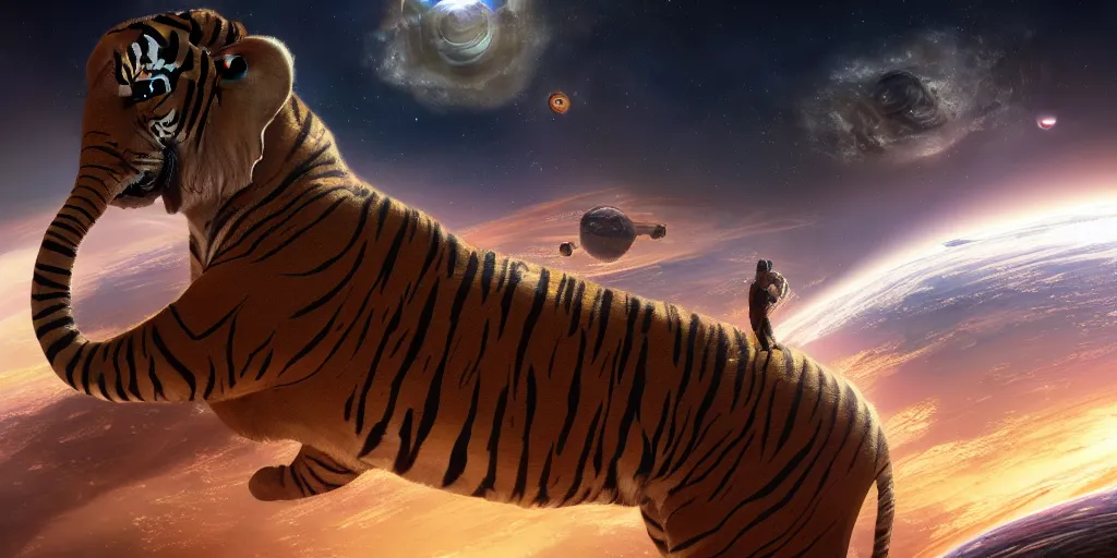 Prompt: planet - sized tiger elephant in space, next to the sun and stars, giant castle, very wide shot, epic composition, hyper detailed, digital art, trending in artstation, cinematic lighting, studio quality, unreal engine 5 rendered, art style by klimt and nixeu and ian sprigger and wlop and krenz cushart