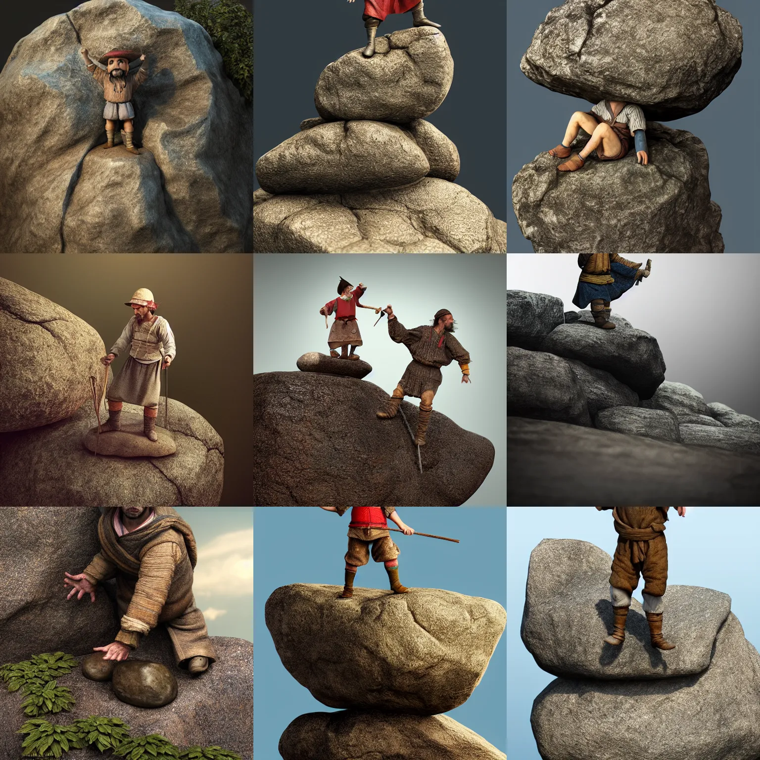 Prompt: a realistic diminutive peasant figurine standing on a giant rock, realistic, 3 d render, behance, octane render, glossy, reflecting,