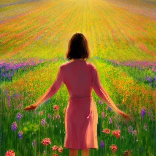 Prompt: woman standing in flower field, mattepainting, artstation, impressionism, big flower on shoulders