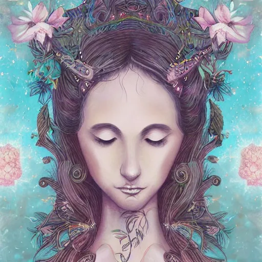 Prompt: elise truow, goddess of music and harmony, detailed illustration, digital art, beautiful, soft colors