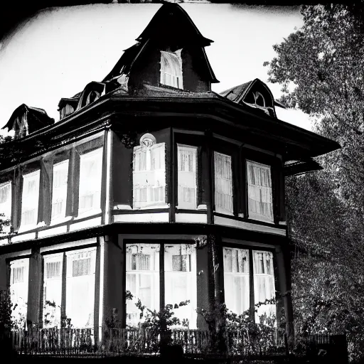 Prompt: Image from the haunted mansion next door, a person is standing in the window, black and white photography